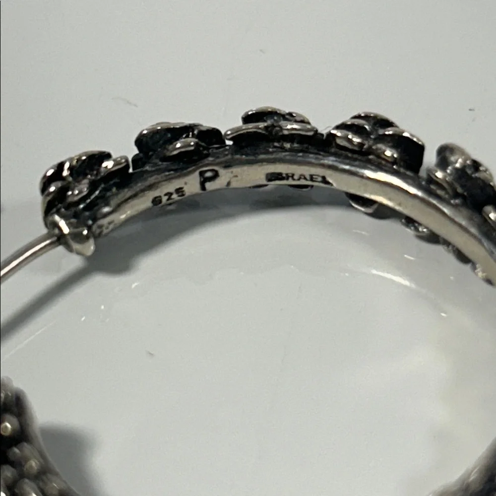NWOT Israeli Designer Sterling Silver Rosebud Flower Hoop Earrings